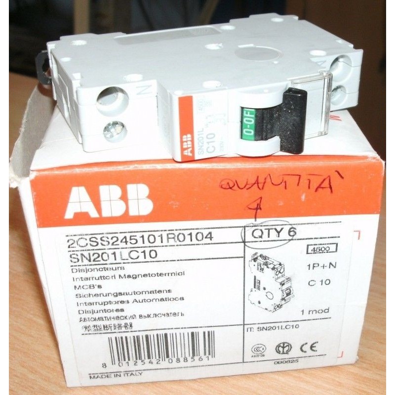 ABB INTERRUTTORE MAGNETOTERMICO SN201L C10 1P+N  C10 1 MOD 230V 4500K  NUOVO lrx